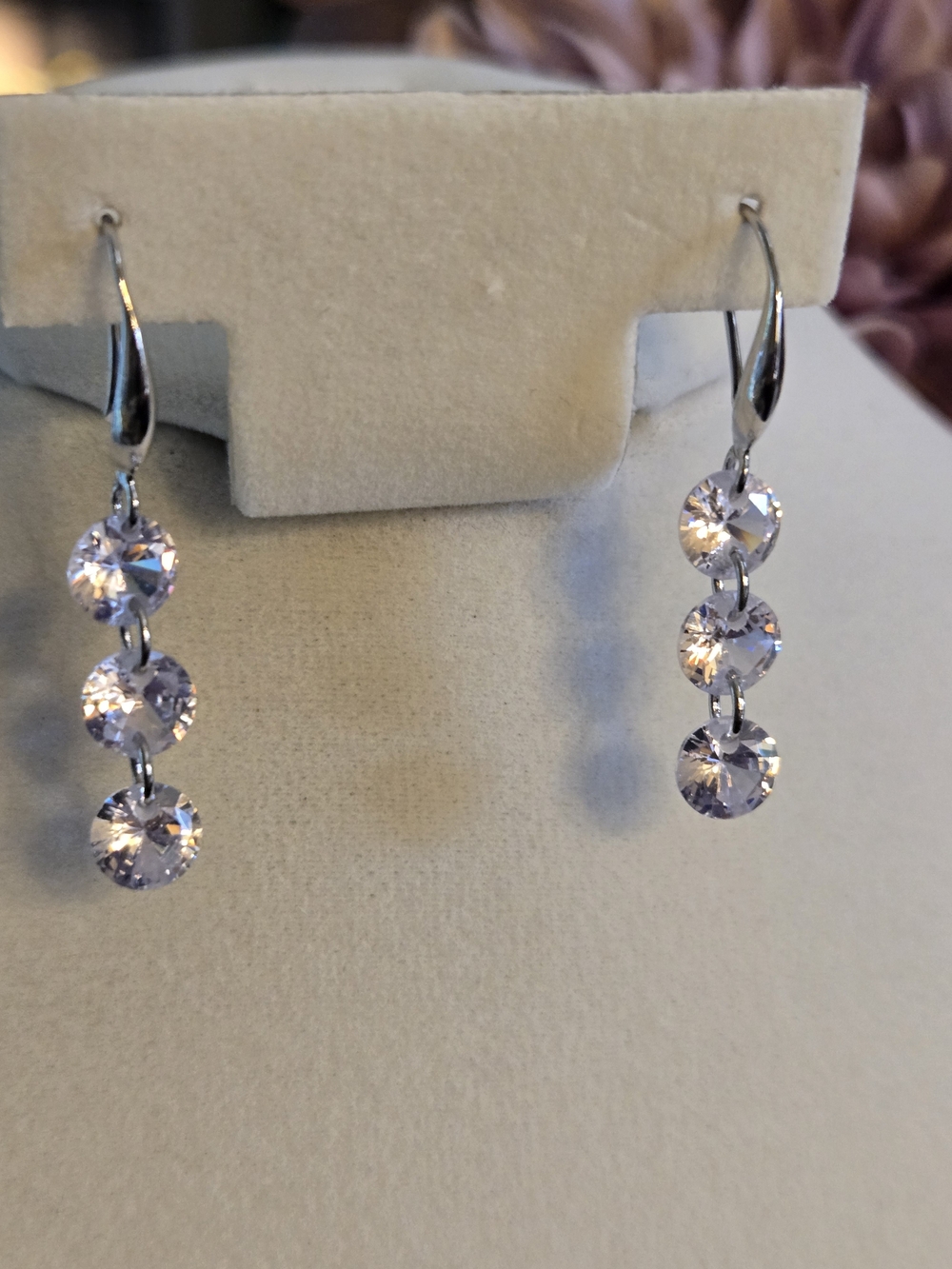 Elegant Silver-Tone Triple Crystal Drop Earrings - Women Jewelry
